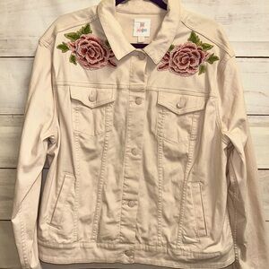 LuLaRoe Cream Denim Jacket with Pink Rose Embroidery